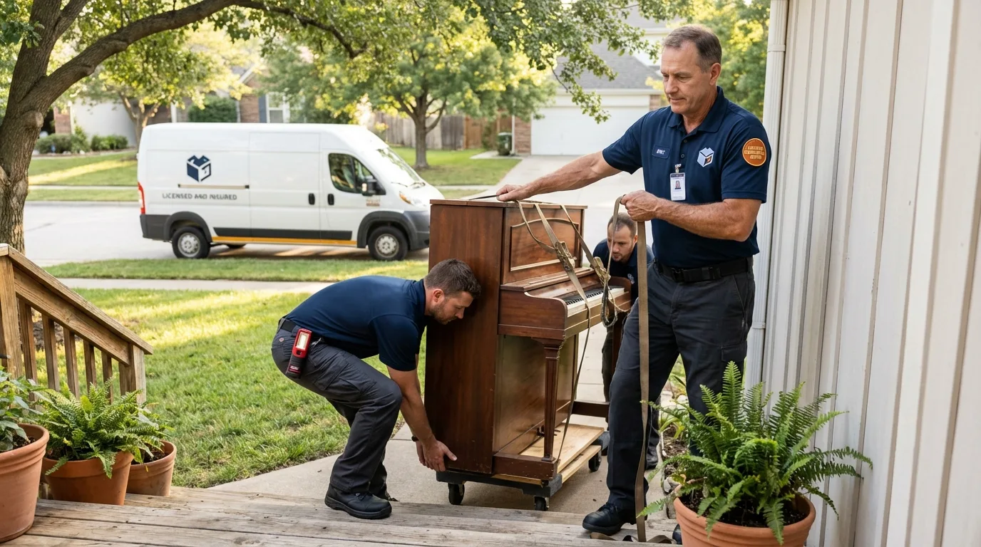 Licensed piano movers securing grand piano in Paso Robles, CA