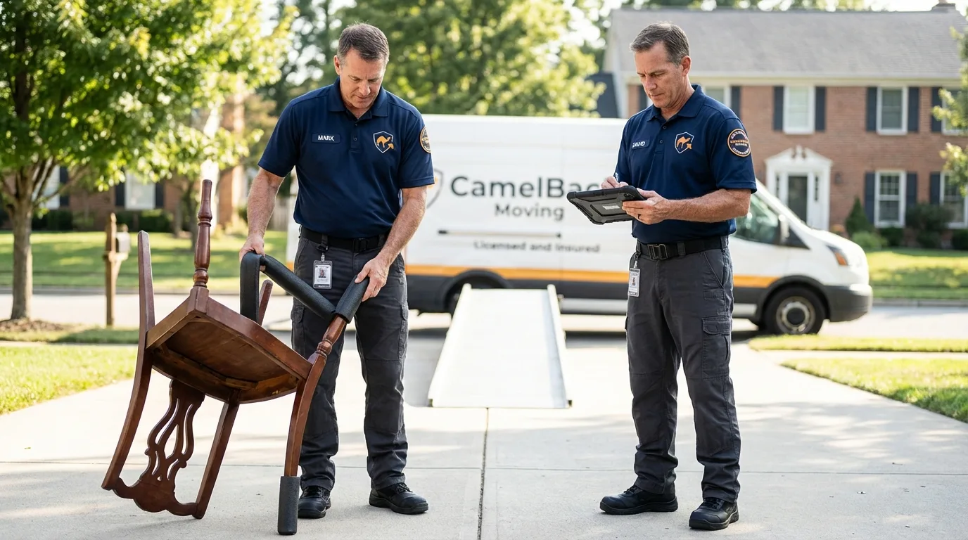 Movers inspecting furniture for damage prevention before loading in Paso Robles, CA